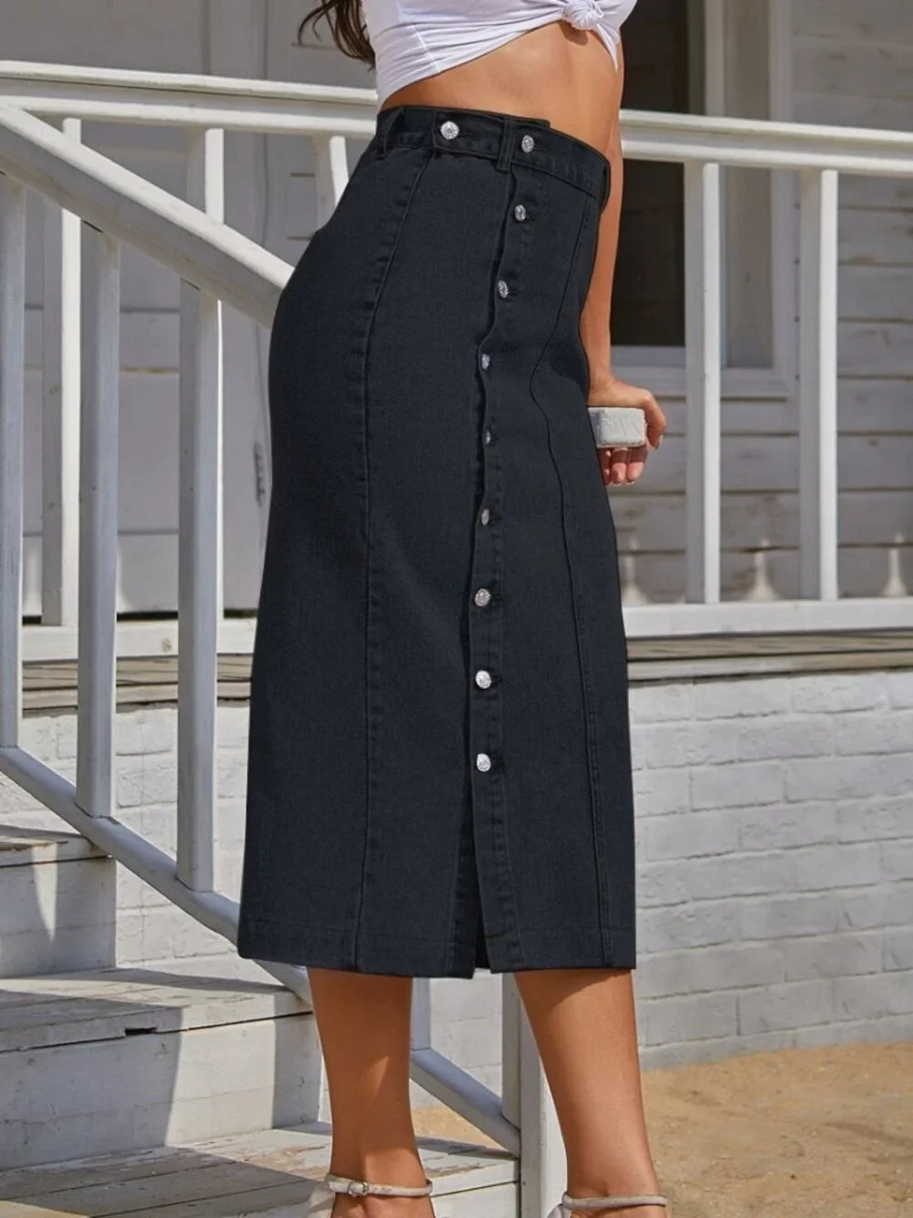 Black Casual Women's Button Front Longline Denim Skirt